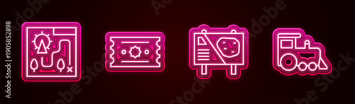 Set line Amusement park map, Ticket, billboard and Toy train. Glowing neon icon. Vector