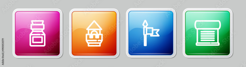 Fototapeta premium Set line Poison in bottle, Castle tower, Medieval spear and Decree, parchment, scroll. Colorful square button. Vector