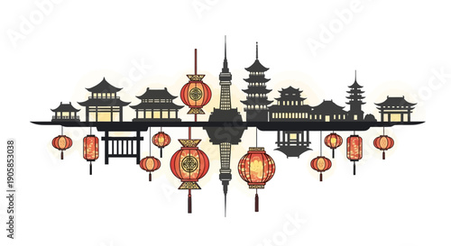 Illustration of a Japanese festival scene at night with a castle, pagodas, and people celebrating with red lanterns and dragon designs.