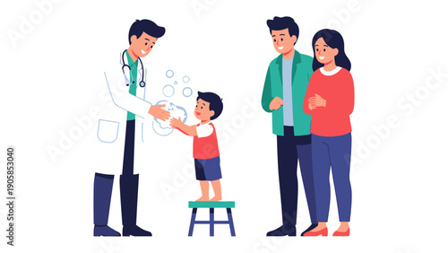 Caring Handwash: A cheerful illustration of a medical professional assisting a young child with handwashing, promoting hygiene and a healthy lifestyle.