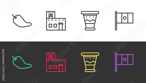Set line Hot chili pepper pod, Mexican house, drum and Mexico flag on black and white. Vector