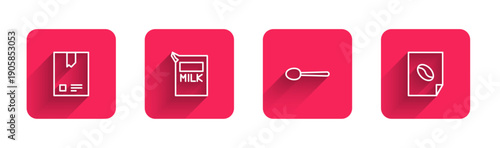 Set line Bag of coffee beans, Paper package for milk, Spoon and Coffee poster with long shadow. Red square button. Vector