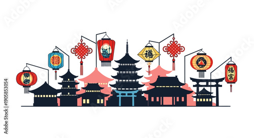 Illustration of a vibrant Nagasaki Lantern Festival scene with a pagoda, dragon, and colorful lanterns at night, celebrating Japanese culture with a joyful mood.