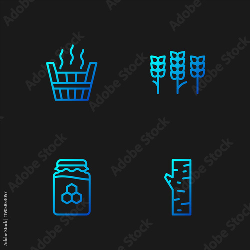 Set line Birch tree, Jar of honey, Sauna bucket and Wheat. Gradient color icons. Vector