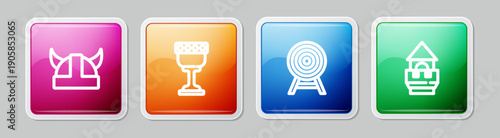 Set line Viking in horned helmet, Medieval goblet, Target with arrow and Castle tower. Colorful square button. Vector