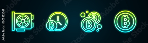 Set line Video graphic card, Bitcoin with clock, and . Glowing neon icon. Vector