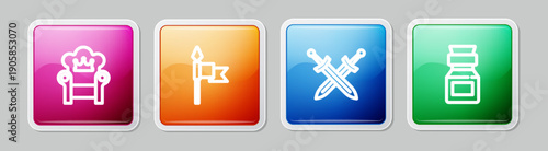 Set line Medieval throne, spear, Crossed medieval sword and Poison in bottle. Colorful square button. Vector