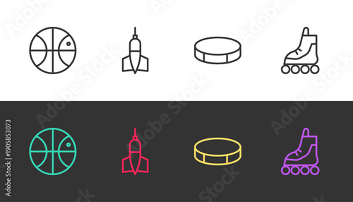 Set line Basketball ball, Dart arrow, Hockey puck and Roller skate on black and white. Vector
