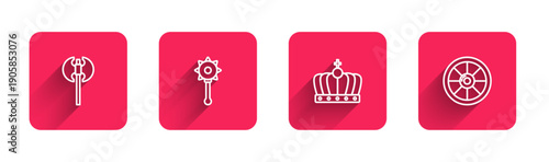 Set line Medieval axe, chained mace ball, King crown and Round wooden shield with long shadow. Red square button. Vector