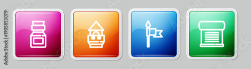 Set line Poison in bottle, Castle tower, Medieval spear and Decree, parchment, scroll. Colorful square button. Vector