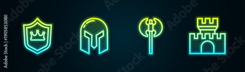 Set line Shield with crown, Medieval iron helmet, axe and Castle, fortress. Glowing neon icon. Vector
