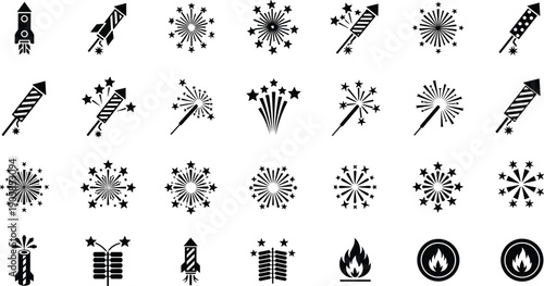 Fireworks and pyrotechnics icon set featuring rockets, sparklers, explosions, and celebration symbols, black silhouette vector graphics for festivals, holidays, parties, events