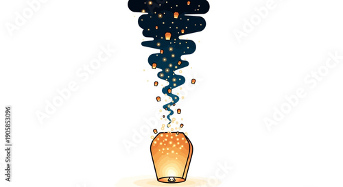 Vector illustration of a glowing lantern with swirling particles and fireworks in a nighttime celebration scene with a dragon design on a clean white background.