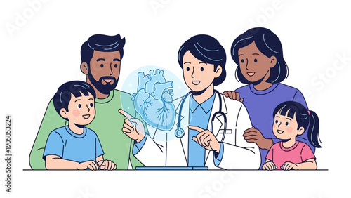 Health Consultation: A medical professional consults with a family, explaining a diagram of the human heart, emphasizing healthcare and well-being. 