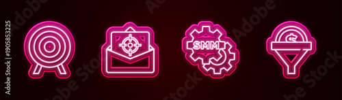 Set line Target sport, Mail and e-mail, Social media marketing and Lead management. Glowing neon icon. Vector