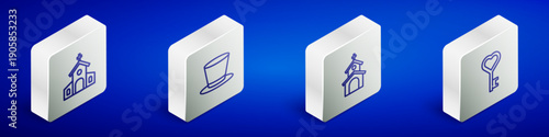 Set Isometric line Church building, Cylinder hat, and Key heart shape icon. Vector
