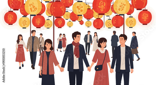 Illustration of a family and friends walking under colorful lanterns at a Japanese festival celebration at night.