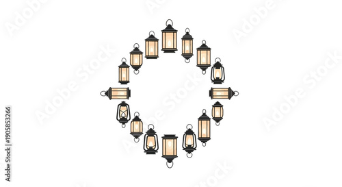 Illustration of a circular arrangement of traditional Japanese lanterns in a warm, golden light on a white background.