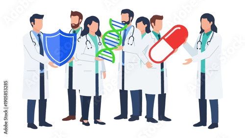Medical Team with Symbols of Healing: A dedicated medical team, united in purpose, comes together holding a shield, DNA strand, and pill, representing protection, genetic understanding.