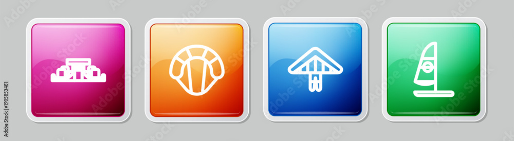 Naklejka premium Set line Formula 1 racing car, Parachute, Hang glider and Windsurfing. Colorful square button. Vector
