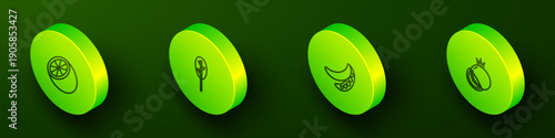 Set Isometric line Orange fruit, Spinach, Green peas and Tomato icon. Vector