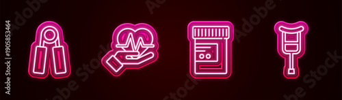 Set line Sport expander, Heart rate, Medicine bottle pills and Crutch crutches. Glowing neon icon. Vector