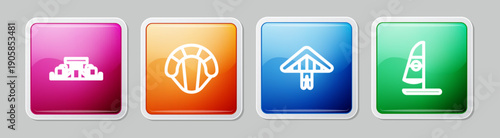 Set line Formula 1 racing car, Parachute, Hang glider and Windsurfing. Colorful square button. Vector