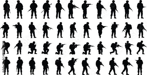 Military soldier silhouette set showing multiple combat poses, tactical movements, armed infantry figures for defense, security, war concepts, vector icons, and action illustration