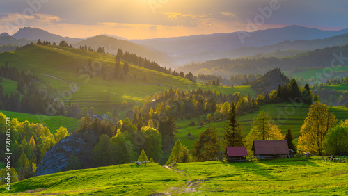 Mountain landscape in the Pieniny National Park at the foot of the Tatra Mountains. Pieniny Park is located on the border of Poland and Slovakia