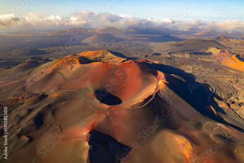 Obraz na płótnie Aerial sunset view of Timanfaya National Park with volcanic colors, Lanzarote