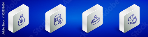 Set Isometric line Money bag, Lottery ball bingo card, Casino roulette wheel and chips icon. Vector