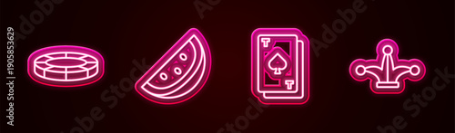 Set line Casino chips, slot machine with watermelon, Playing card spades and Joker playing. Glowing neon icon. Vector