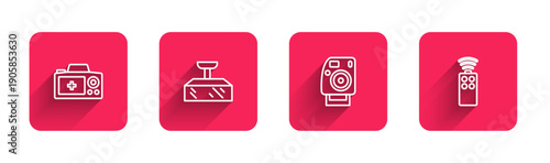 Set line Photo camera, Softbox light, and Remote control for with long shadow. Red square button. Vector