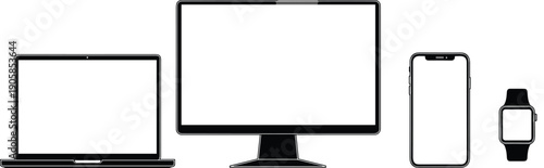 Set of Black Outlined Icons of Laptop Desktop Monitor Smartphone and Smartwatch Isolated on White Background for Responsive Design Concept,