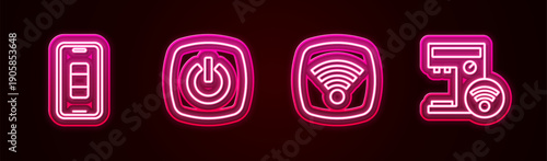 Set line Smartphone battery charge, home, Wi-Fi wireless internet network and coffee machine. Glowing neon icon. Vector
