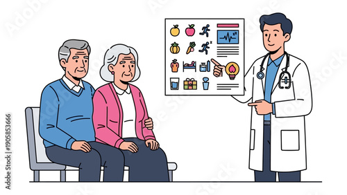 Health Consultation: A caring doctor guides an elderly couple through a health consultation, offering advice and insights to improve their well-being.