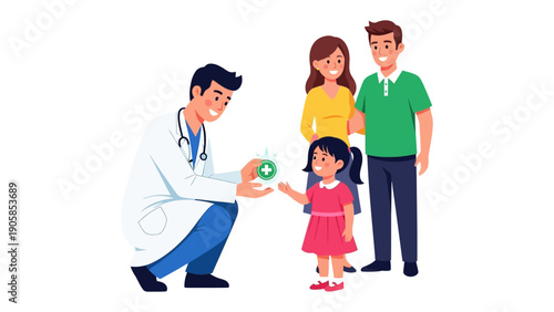 Healthcare Harmony: A caring doctor extends a hand to a young patient, their family stands by, conveying trust, support, and the importance of health.