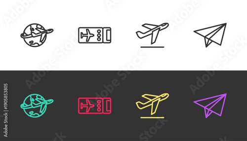Set line Globe with flying plane, Airline ticket, Plane takeoff and Paper airplane on black and white. Vector