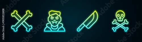 Set line Crossed bones, Vampire, Knife and Skull crossbones. Glowing neon icon. Vector