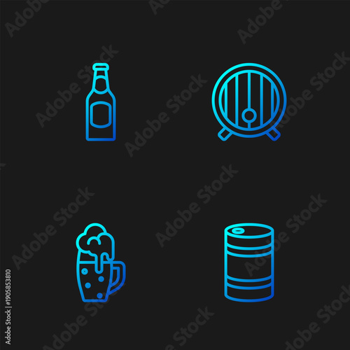 Set line Metal beer keg, Glass of, Beer bottle and Wooden barrel. Gradient color icons. Vector