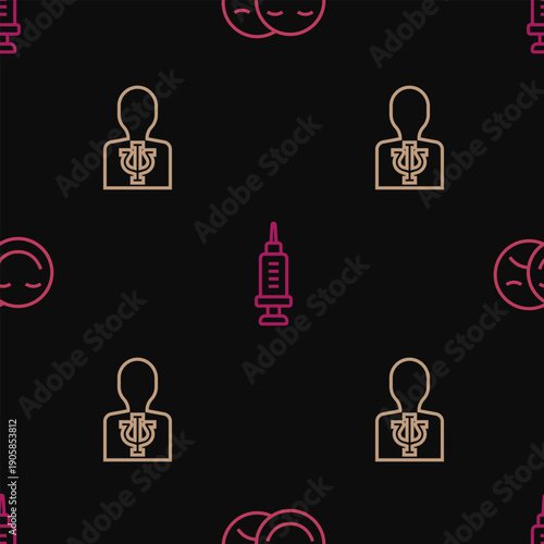 Set line Comedy and tragedy masks, Psychology, Psi and Addiction to the drug on seamless pattern. Vector