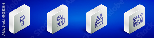 Set Isometric line Glass of beer, Metal keg, Pack bottles and Street signboard with Bar icon. Vector