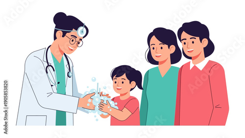 Healthcare Hygiene Education: A doctor guides a patient and her family in proper handwashing techniques. The scene highlights the significance of hygiene in a healthcare setting.