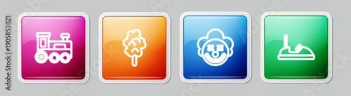 Set line Toy train, Cotton candy, Clown head and Bumper car. Colorful square button. Vector