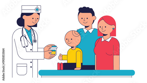 Medical Consultation: A healthcare professional consults with a family, focusing on compassion and care. They discuss treatment and support, showing a moment of hope and collaboration.