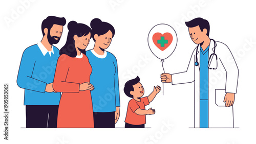 Caring Heart: A compassionate medical professional extends a gesture of care, offering a heart-shaped balloon to a child, while the child's parents look on.