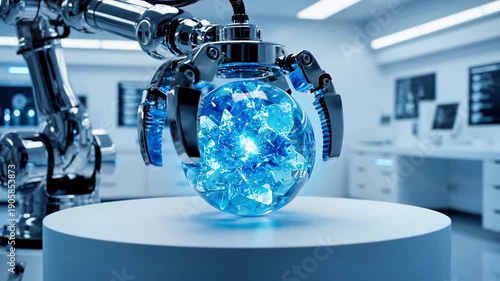 A robotic arm holds a glowing blue sphere on a white pedestal in a futuristic laboratory setting
