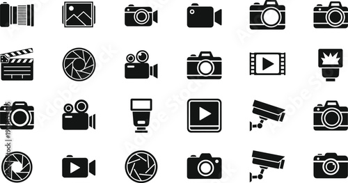 Photography and video icon set featuring cameras, lenses, recording equipment, play buttons, clapperboard, and media symbols, black silhouette vector graphics for film, studio, and multimedia design