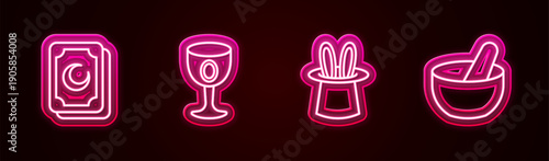 Set line Tarot cards, Medieval goblet, Magician hat and rabbit ears and Witch cauldron. Glowing neon icon. Vector