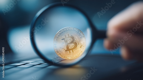 Magnifying glass examining bitcoin coin, representing cryptocurrency analysis, investment research and risk control.
